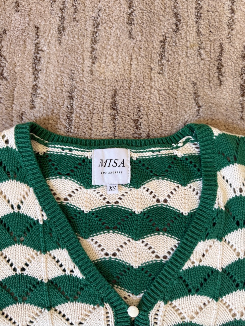 Misa Los Angeles Green and Cream Knit Skirt, Cardigan & Bralette Set - Picture 12 of 14
